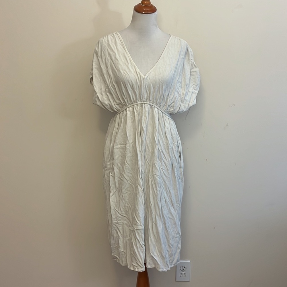 Grade & Gather Oatmeal Cap Sleeve Elastic Waist Linen Blend Midi Dress Medium